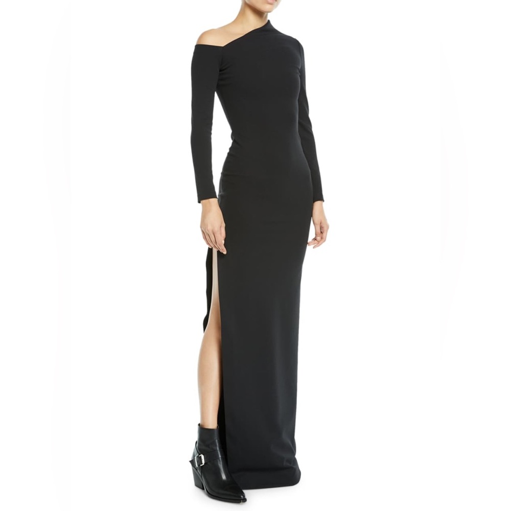 Solace London black one shoulder gown